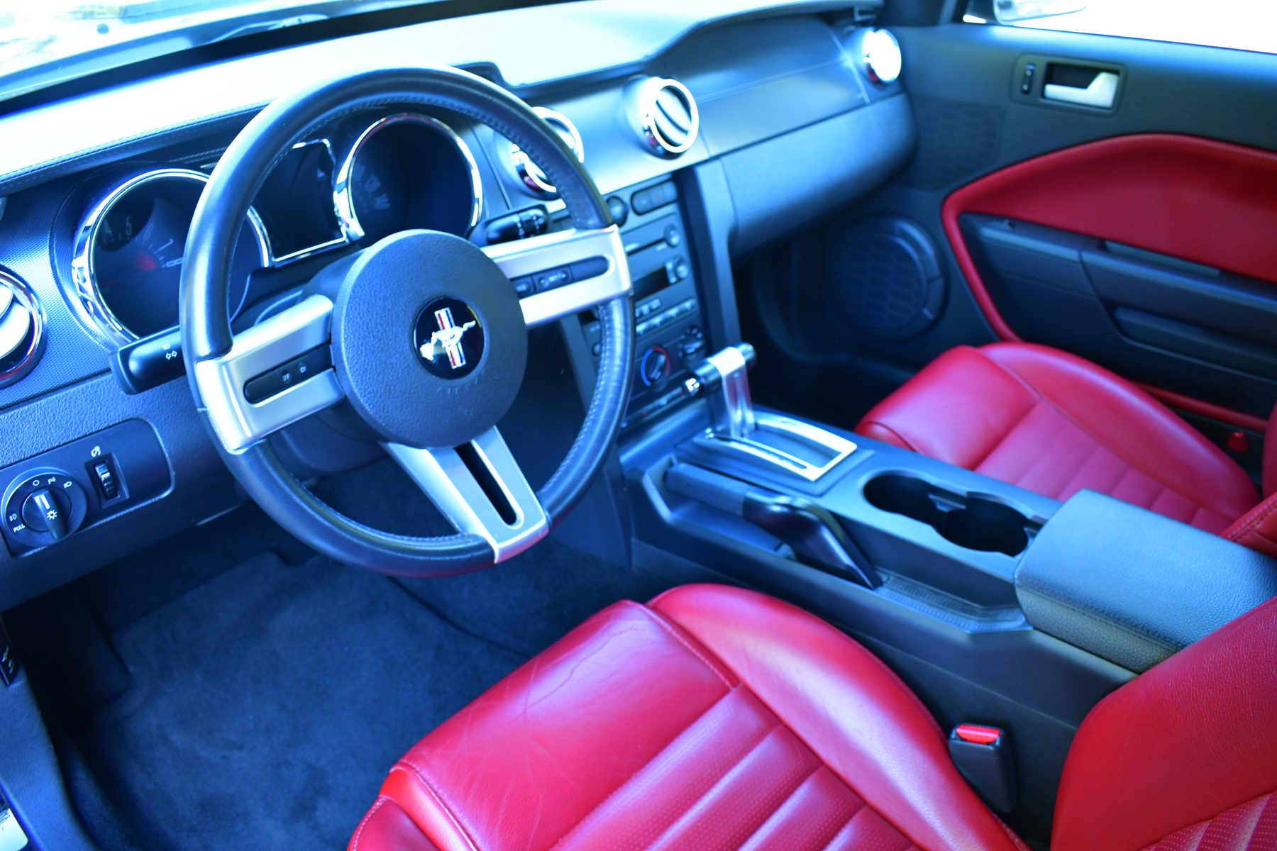 Close view of dashboard and steering wheel